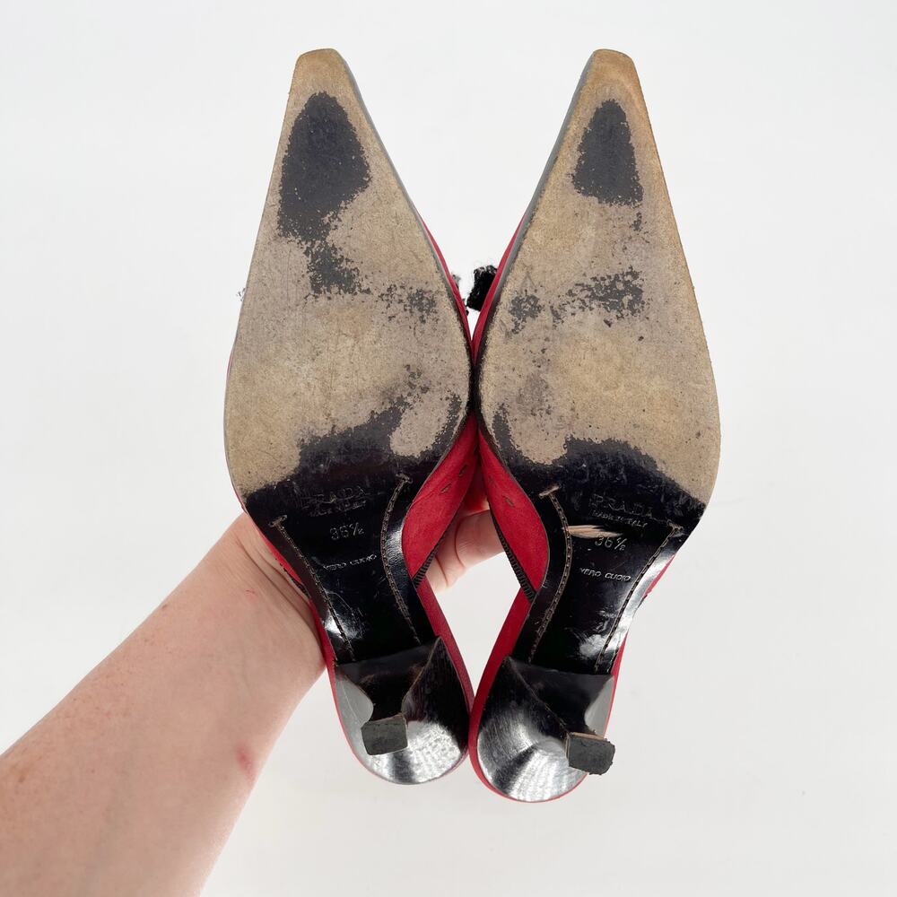 Prada Vintage Red Suede Tweed Bow Pointed Toe Kitten Heel Mule Heels IT 36.5 - Picture 10 of 11